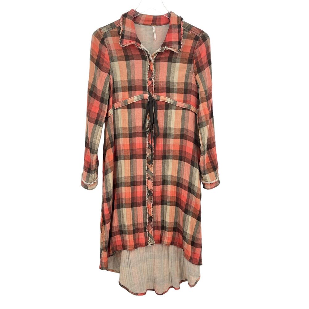 Free People Size XS Plaid Button Front Dress Tie Waist Roll Cuff Raw Hem Hi Low
